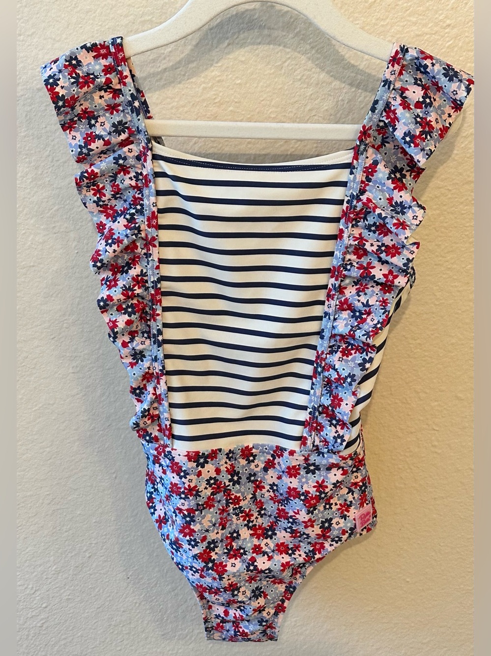 Ruffle Butts Navy & White Striped Floral Ruffle Swimsuit